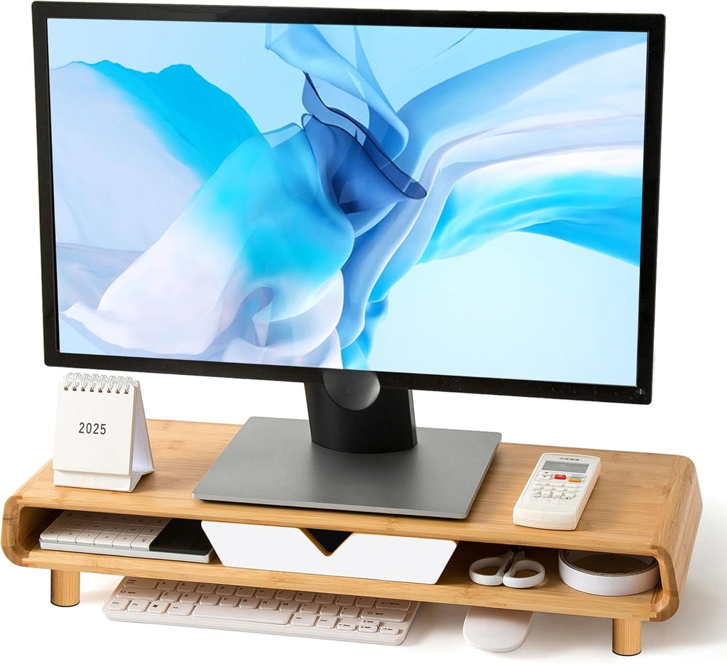 Bamboo monitor stand, no assembly required, exquisite monitor stand with drawer - Image 3