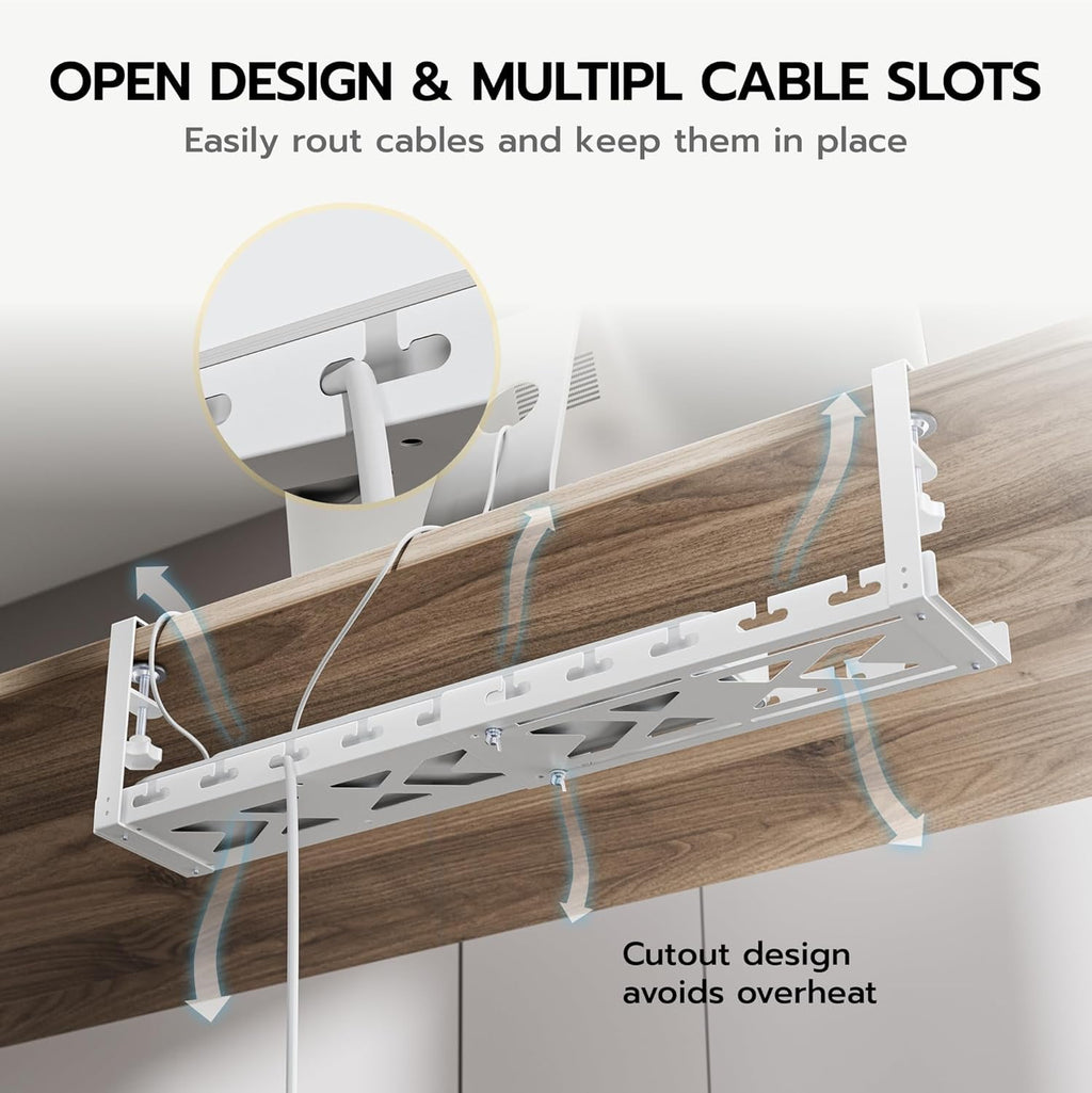 17"-28.7" Extendable Under Desk Cable Management Tray with Cable Slots Clamp On Cord Organizer White - Image 4