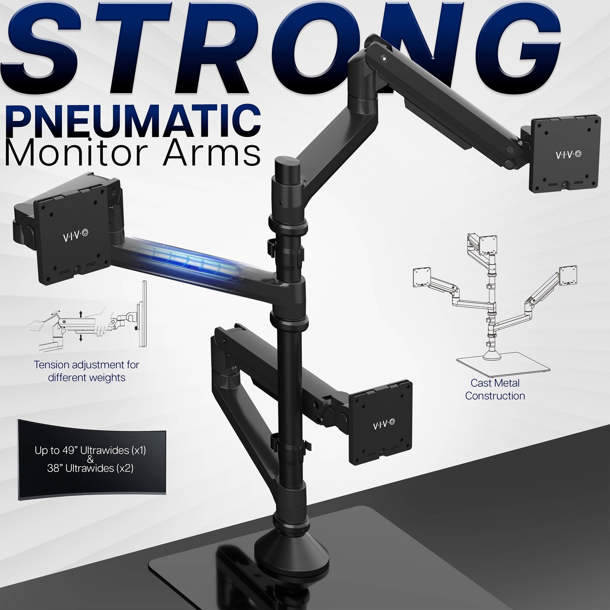 Pneumatic Triple Ultrawide Monitor Desk Stand, Up to 49 inch Computer Screens - Image 4