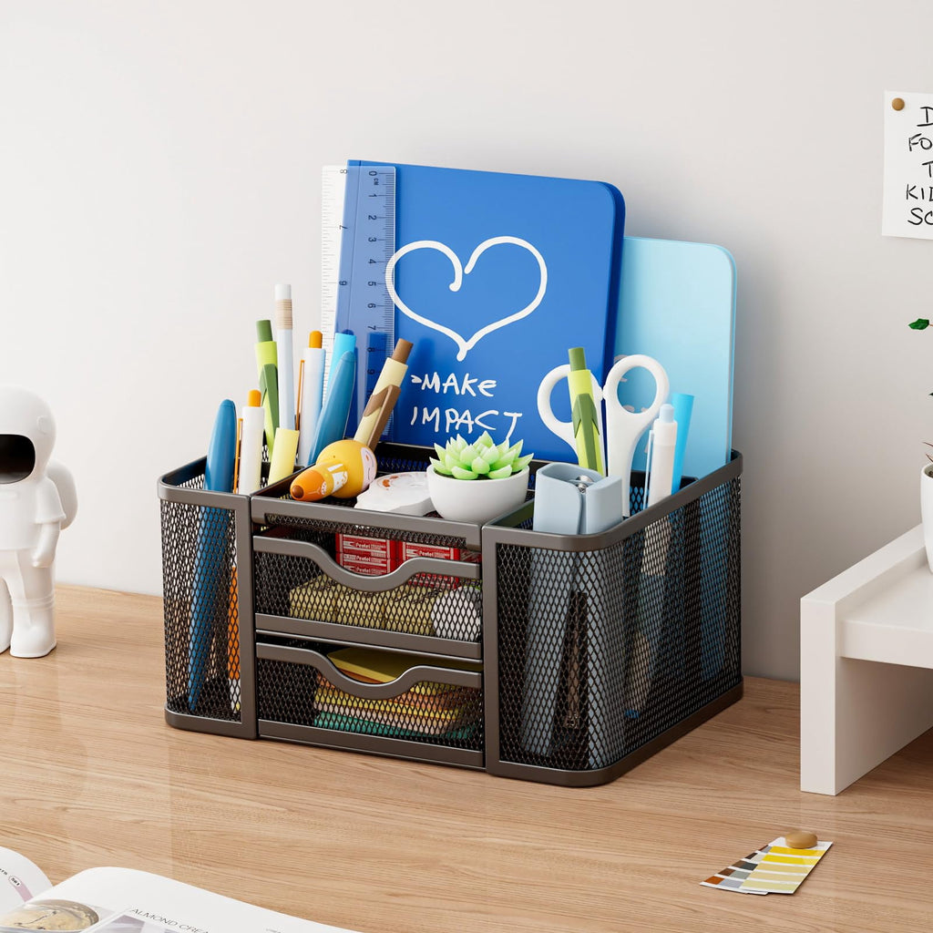 Mesh Desk Organizer, Desktop Organizer with Drawer,Mesh Office Desk Accessories,Office Supplies Multi-Functional Caddy - Image 2