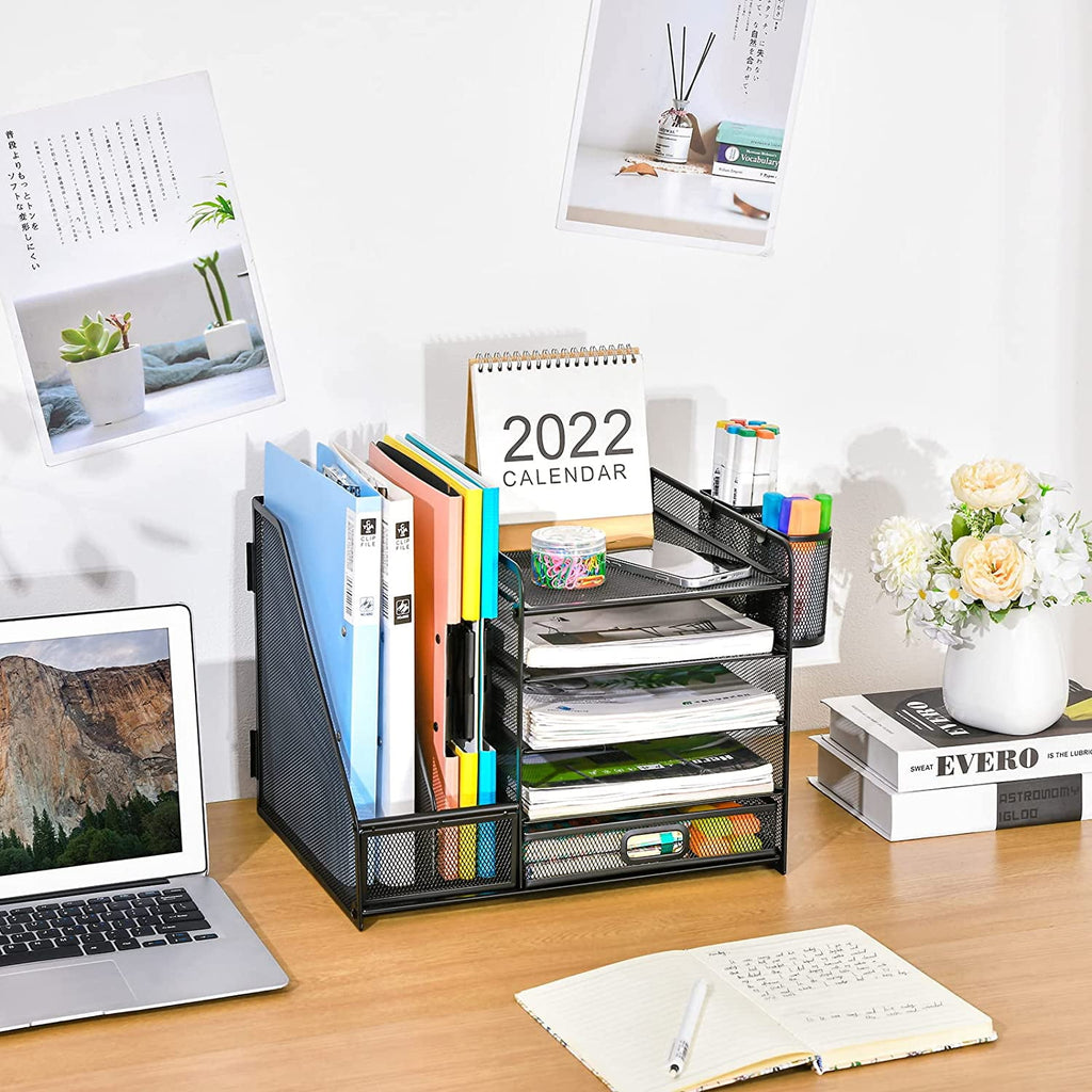 Marbrasse Metal Mesh 5-Tier Desk Organizer with File Holder, Drawer, Pen Holders - Vertical Tray for Office Supplies - Image 2