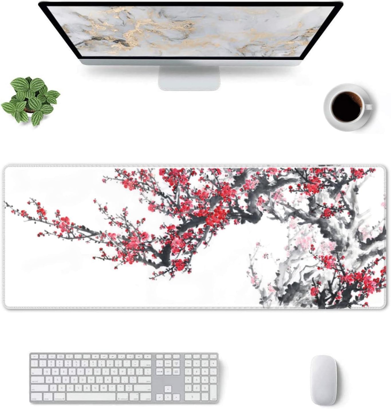 Large Gaming Mouse Pad, Plum Blossom XL Mousepad, Stitched Non-Slip Extended Keyboard Mats for Desk, Big Long Compute... - Image 2