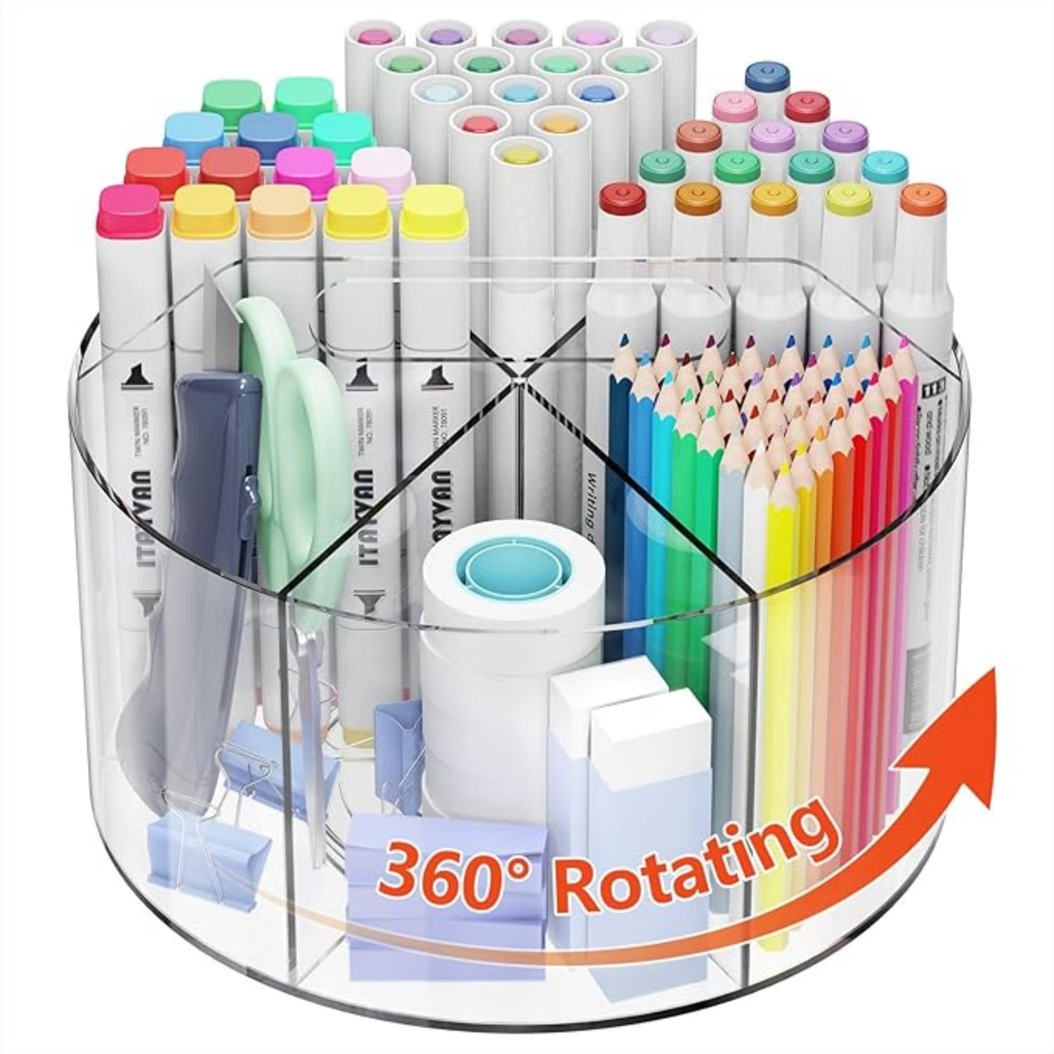 Behome Marker Organizer, 360-Degree Rotating Pencil Holder, Rotating Desk Acrylic Office Organizer with 6 Compartments, Art Supply Storage O